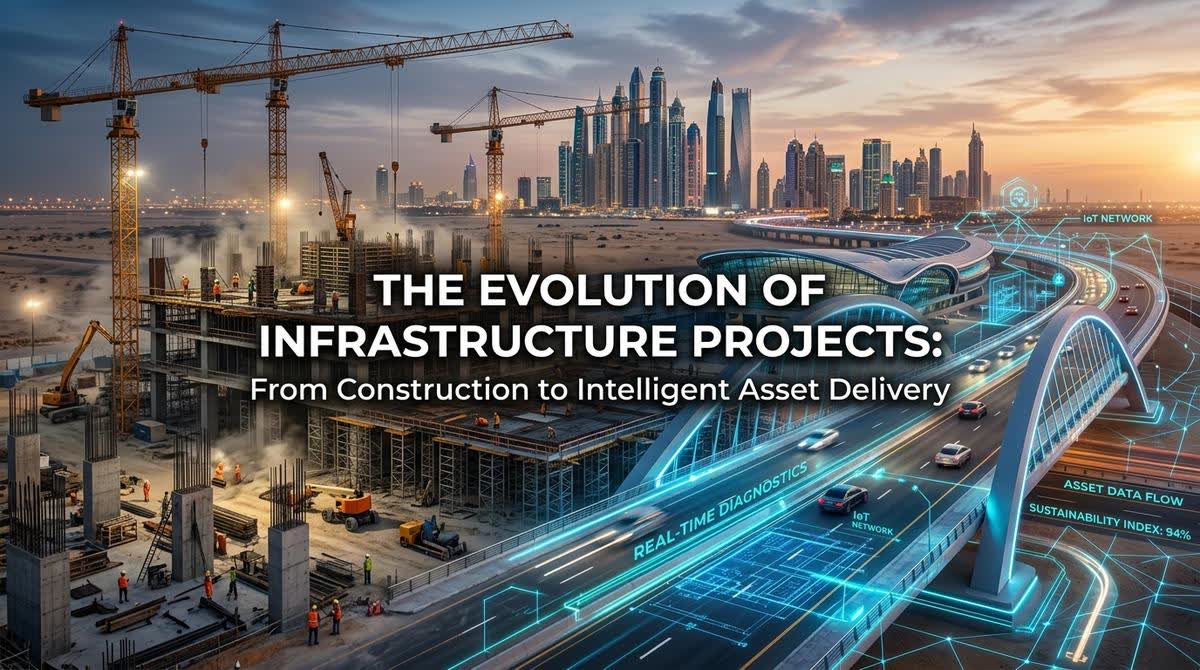 Modern construction site with digital overlay showing intelligent building systems integration and data analytics visualization