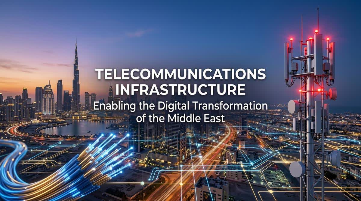 Network infrastructure diagram showing fiber optic and wireless connectivity across the Middle East region