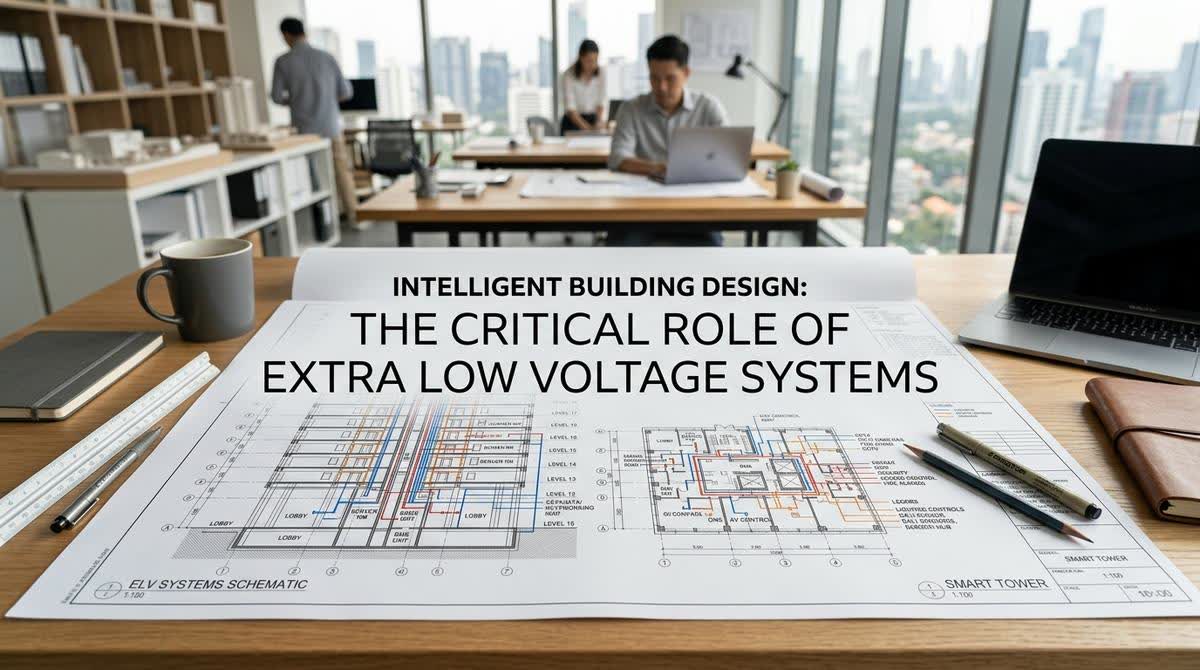 Architectural drawing showing integration of ELV systems throughout a modern building with color-coded system components
