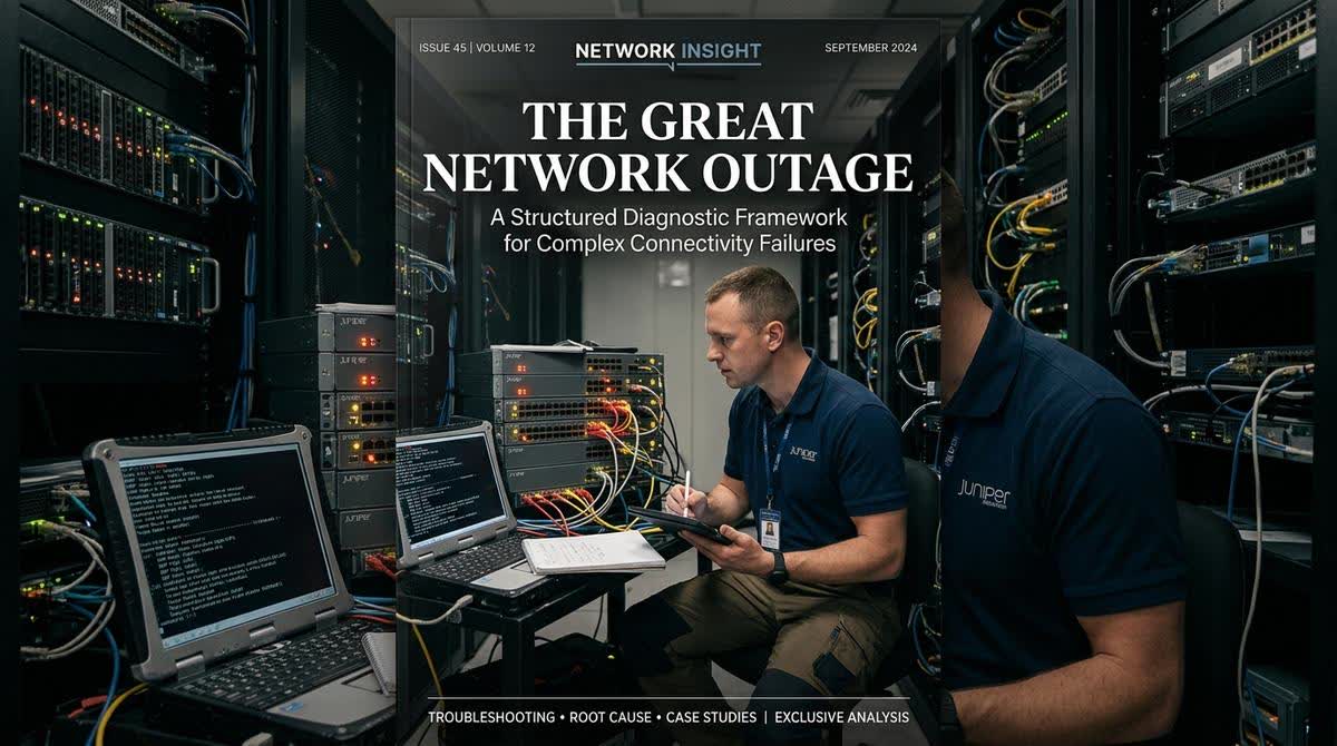 A network engineer in a server room looking intently at network switch status lights and diagnostic logs on a laptop, troubleshooting a major network failure.