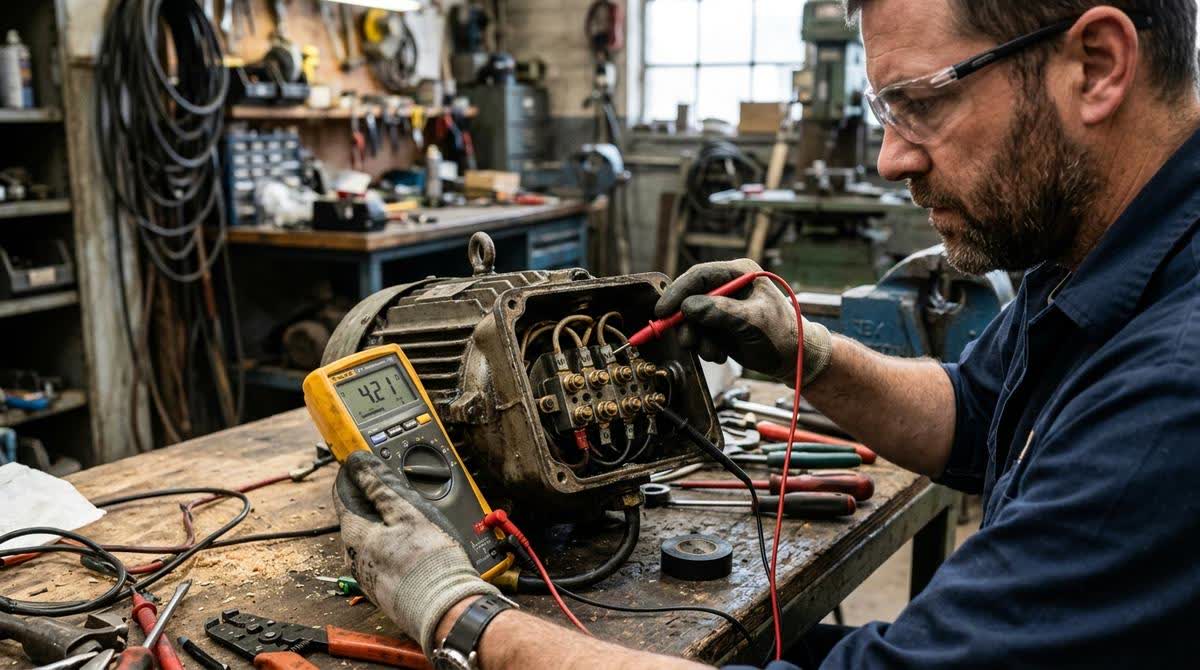 An electrician using a digital multimeter to measure the resistance of the windings on an unlabeled three-phase motor to determine its specifications and connection type.