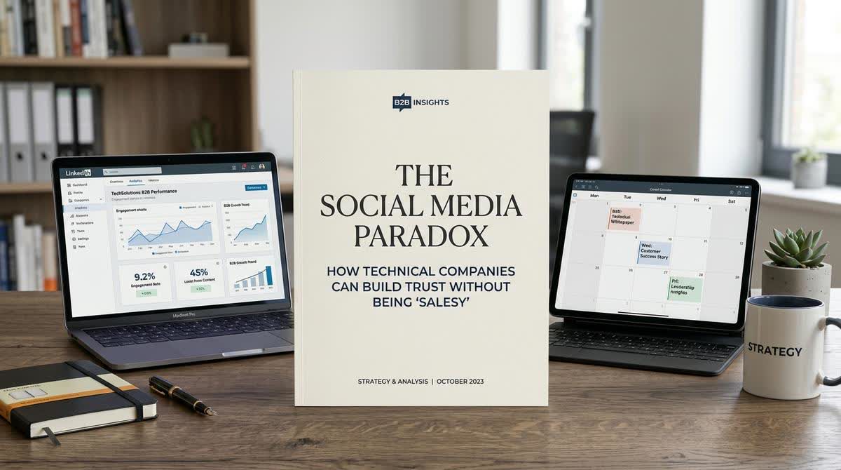 A professional social media dashboard showing content strategy and engagement analytics, with a focus on B2B and technical audience engagement.