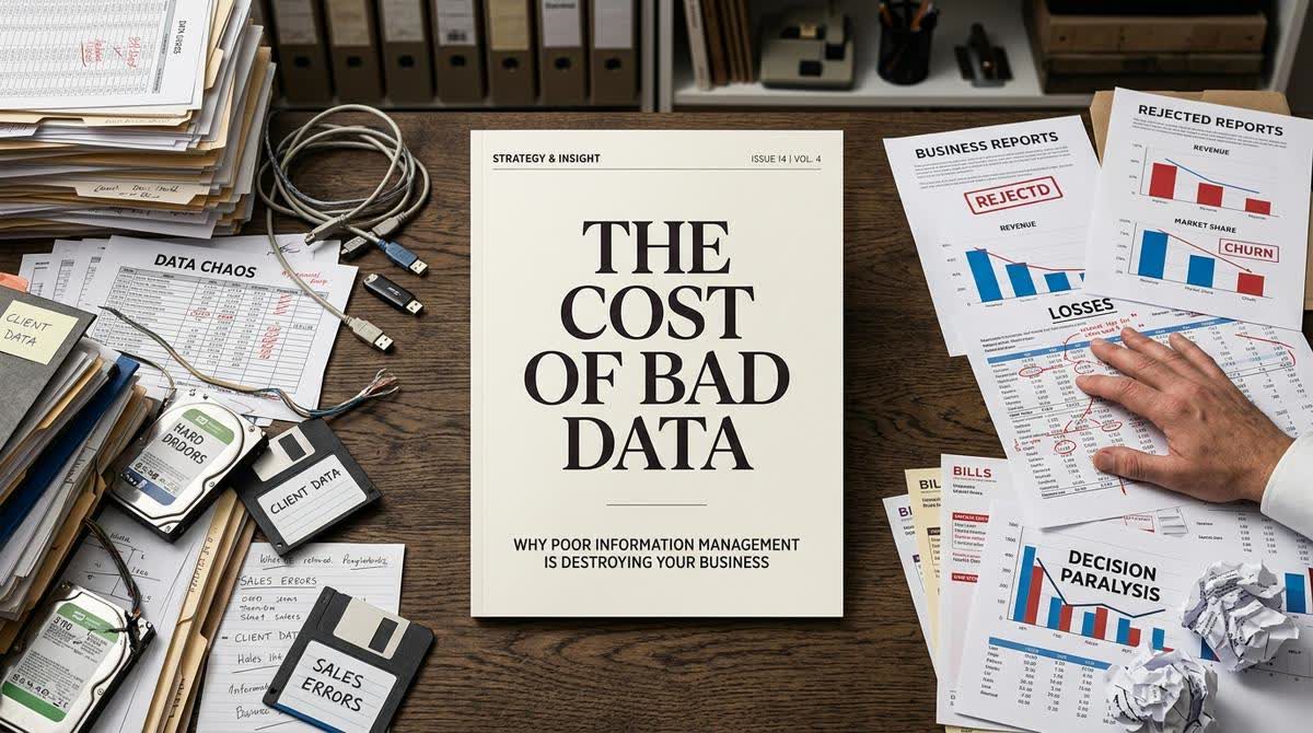 A visual representation of data quality issues, showing messy, disconnected data sources leading to business problems and decision paralysis.