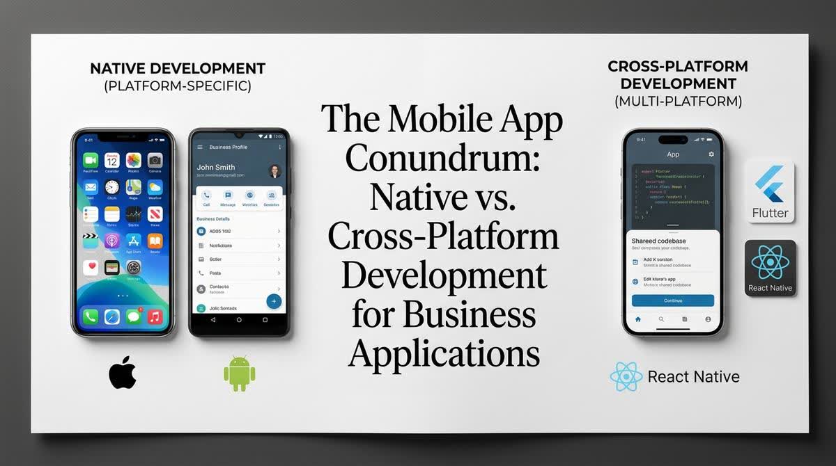 A comparison graphic showing native app development for iOS and Android alongside cross-platform frameworks like Flutter and React Native.